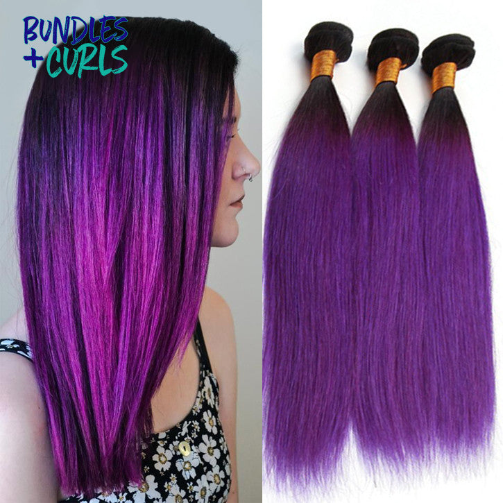 Bundles & Curls - Human Hair Extensions Brazilian 1B/Purple (Black/Purple) Straight Hair