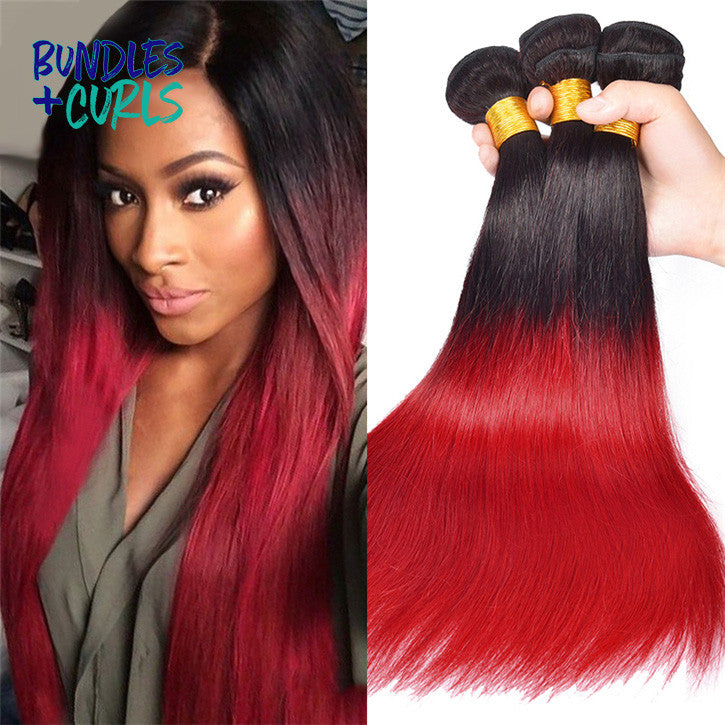 Bundles & Curls - Human Hair Extensions Brazilian 1B/Red (Black/Red) Straight Hair