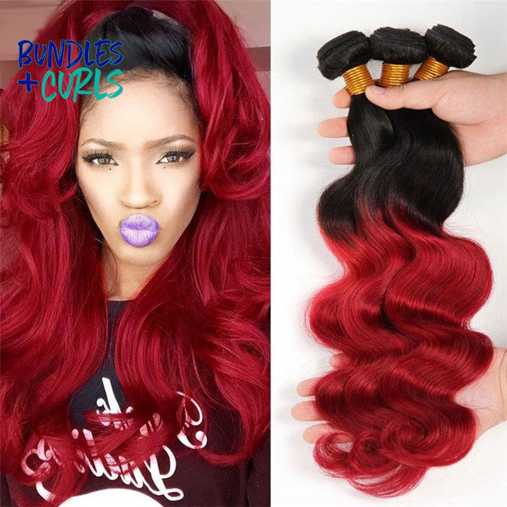Bundles & Curls - Human Hair Extensions Brazilian 1B/Red (Black/Red) Body Wave Hair